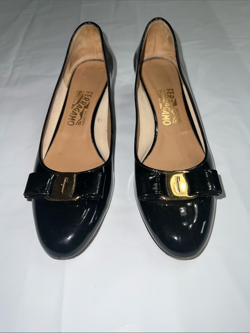 Salvatore Ferragamo Black Patent Vara Bow Flats with Gold Hardware